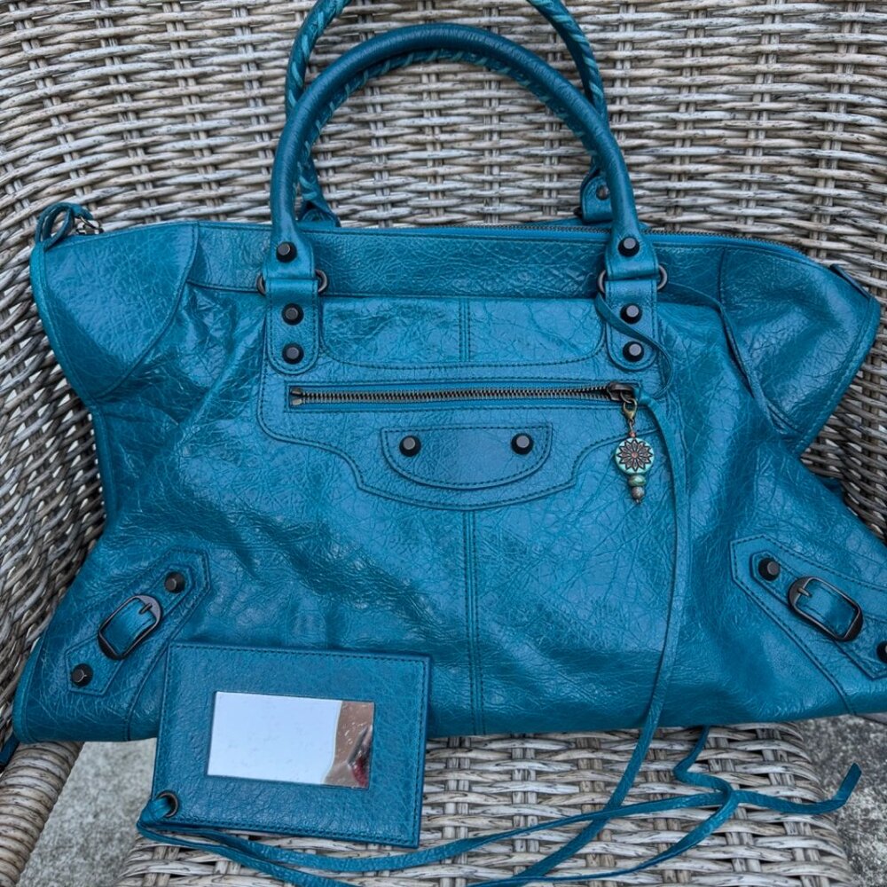 Auth Balenciaga F/W 2012 Lagon Blue Agneau Work Shoulder Bag